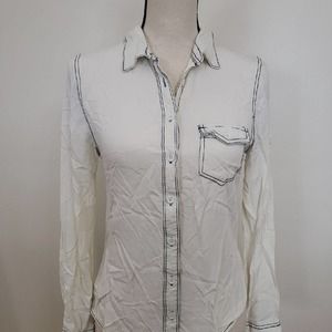 Hippie Laundry White Button Up Shirt Blue Stitching Sz S